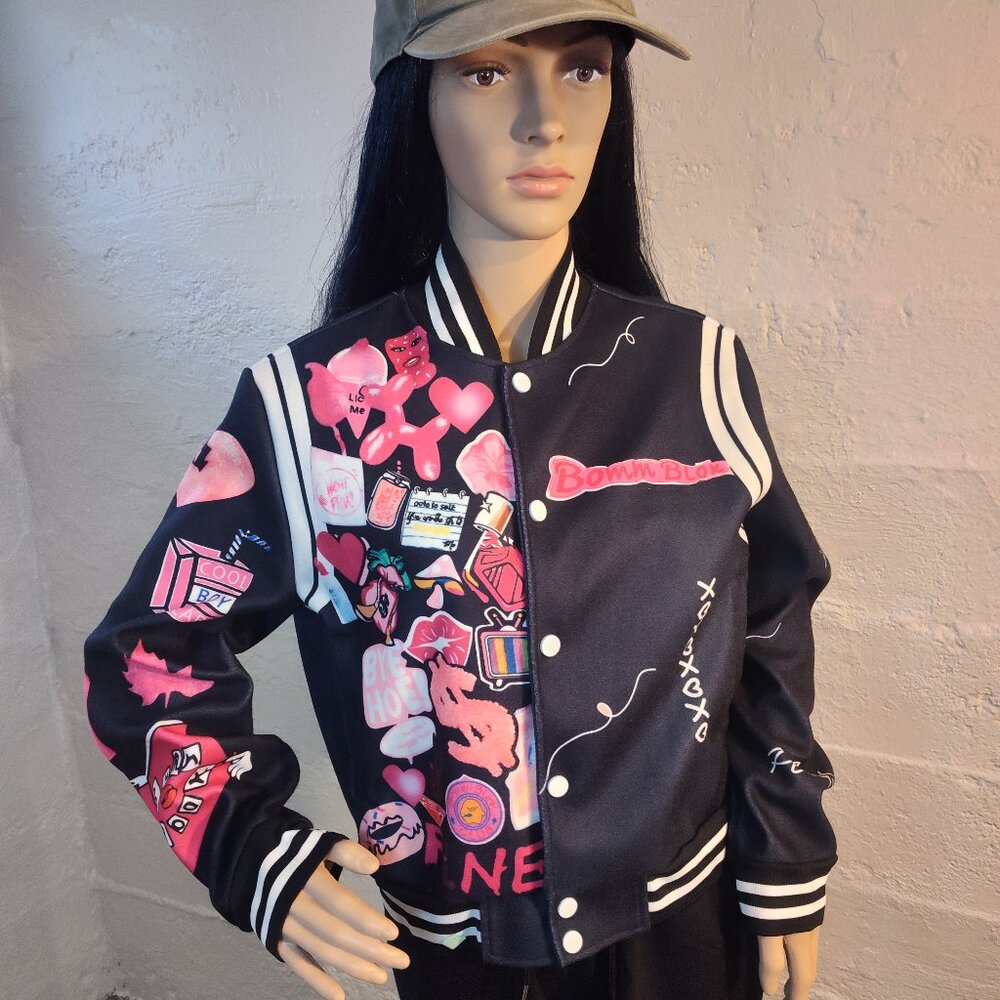 NWOT Unbranded Black White Pink Graphic Burn Book Button Up Varsity Jacket Med
